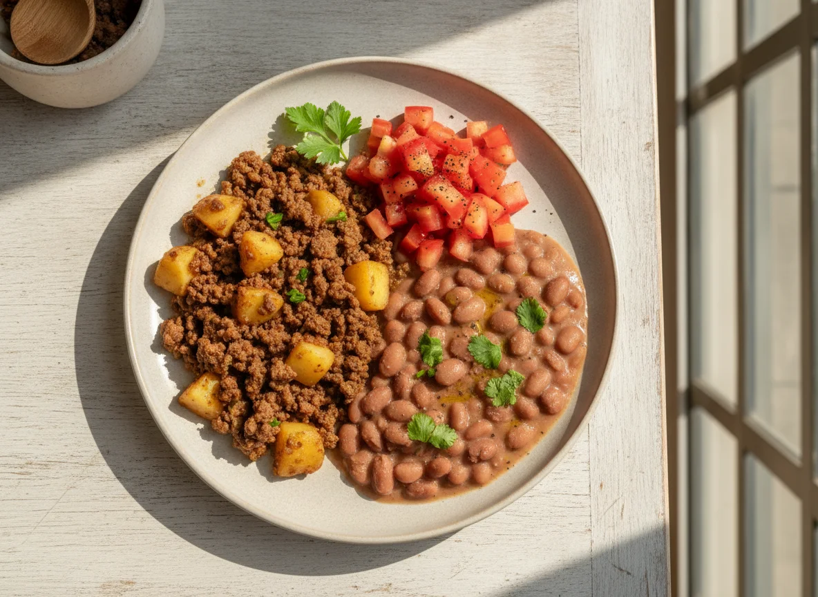 Prato caseiro com carne moída, feijão e tomate photo
