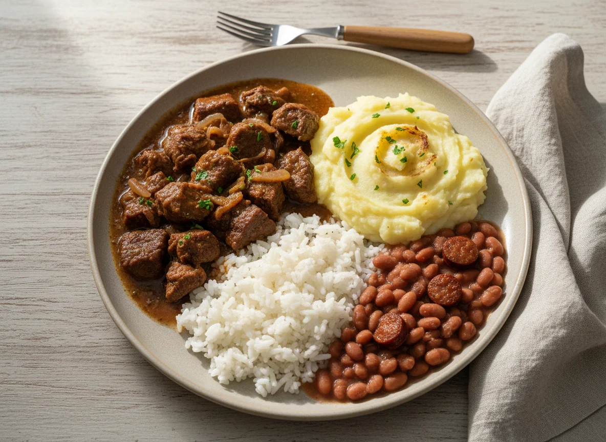 Prato caseiro com carne, purê e arroz com feijão photo