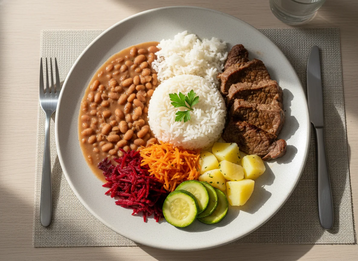 Prato caseiro com feijão, arroz, carne e salada photo