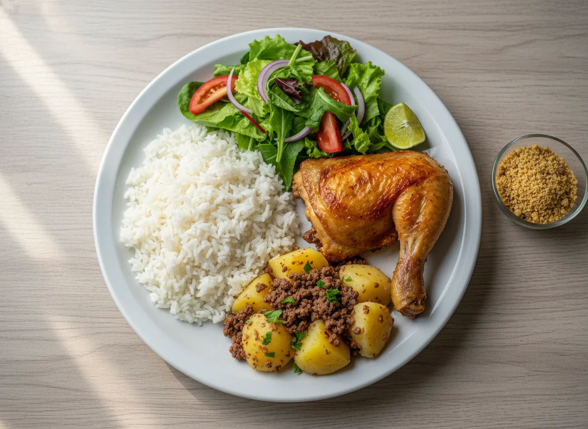 Prato caseiro com frango, arroz, batata com carne moída e salada photo