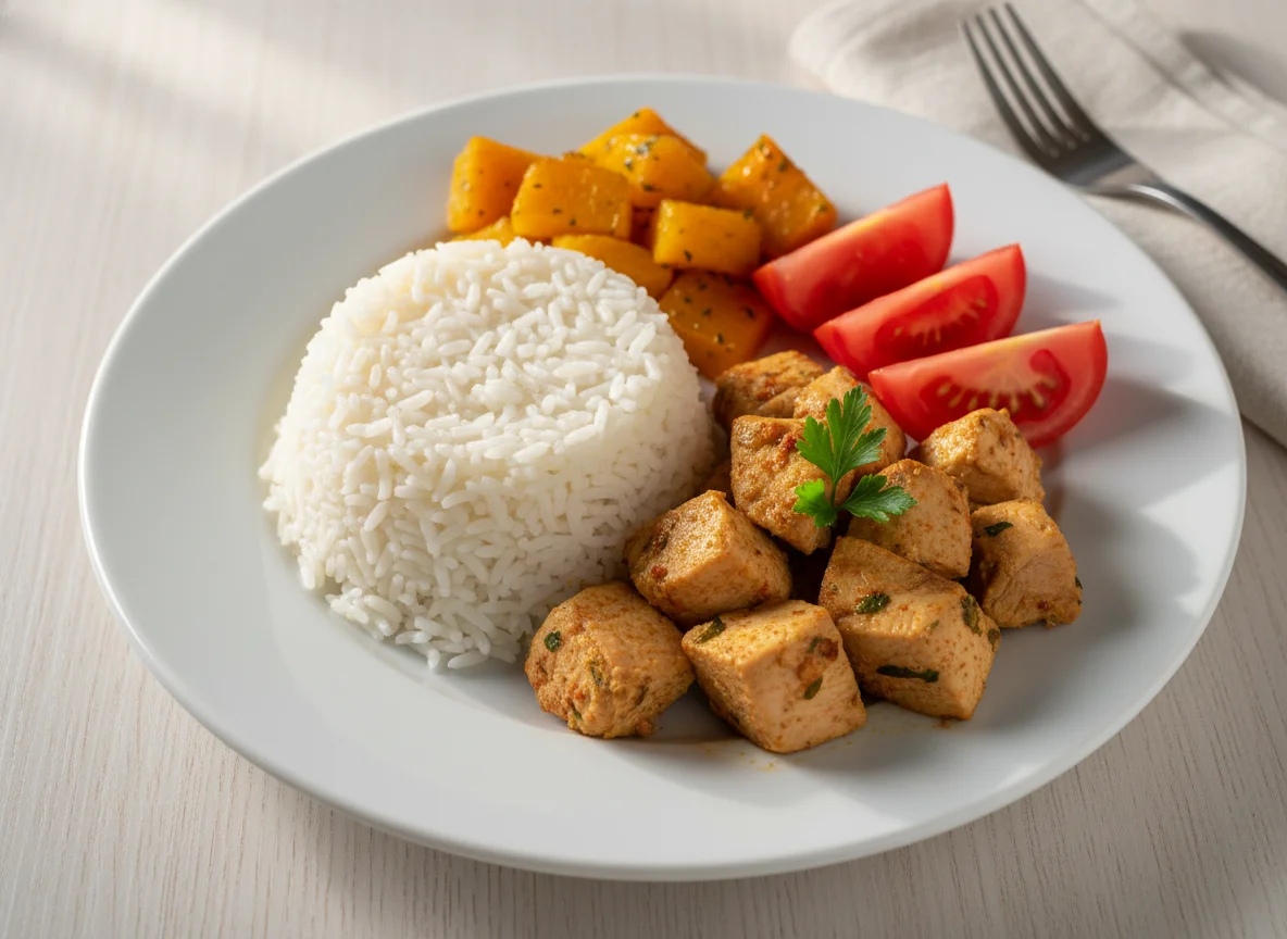 Prato caseiro com frango, arroz e legumes photo