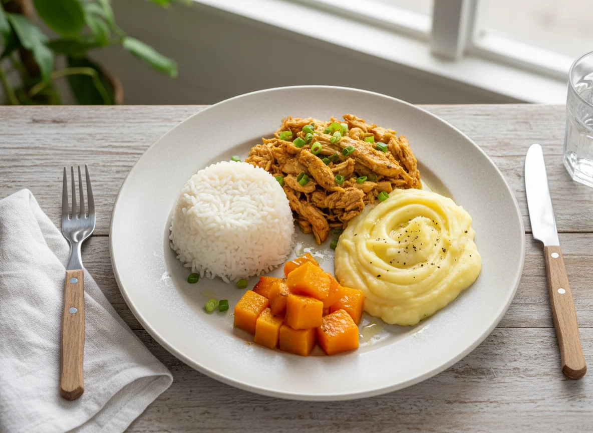 Prato caseiro com frango, arroz, purê de batata e abóbora photo