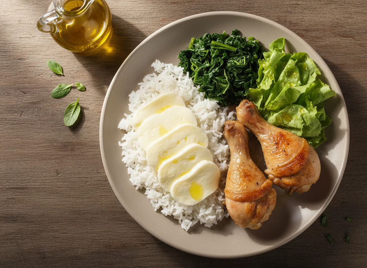Prato caseiro com frango, arroz, queijo e salada photo