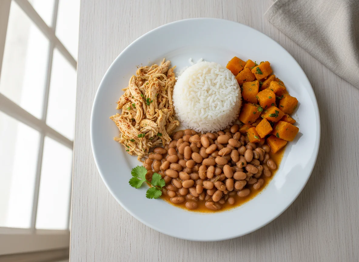 Prato caseiro com frango desfiado, arroz, feijão e abóbora photo