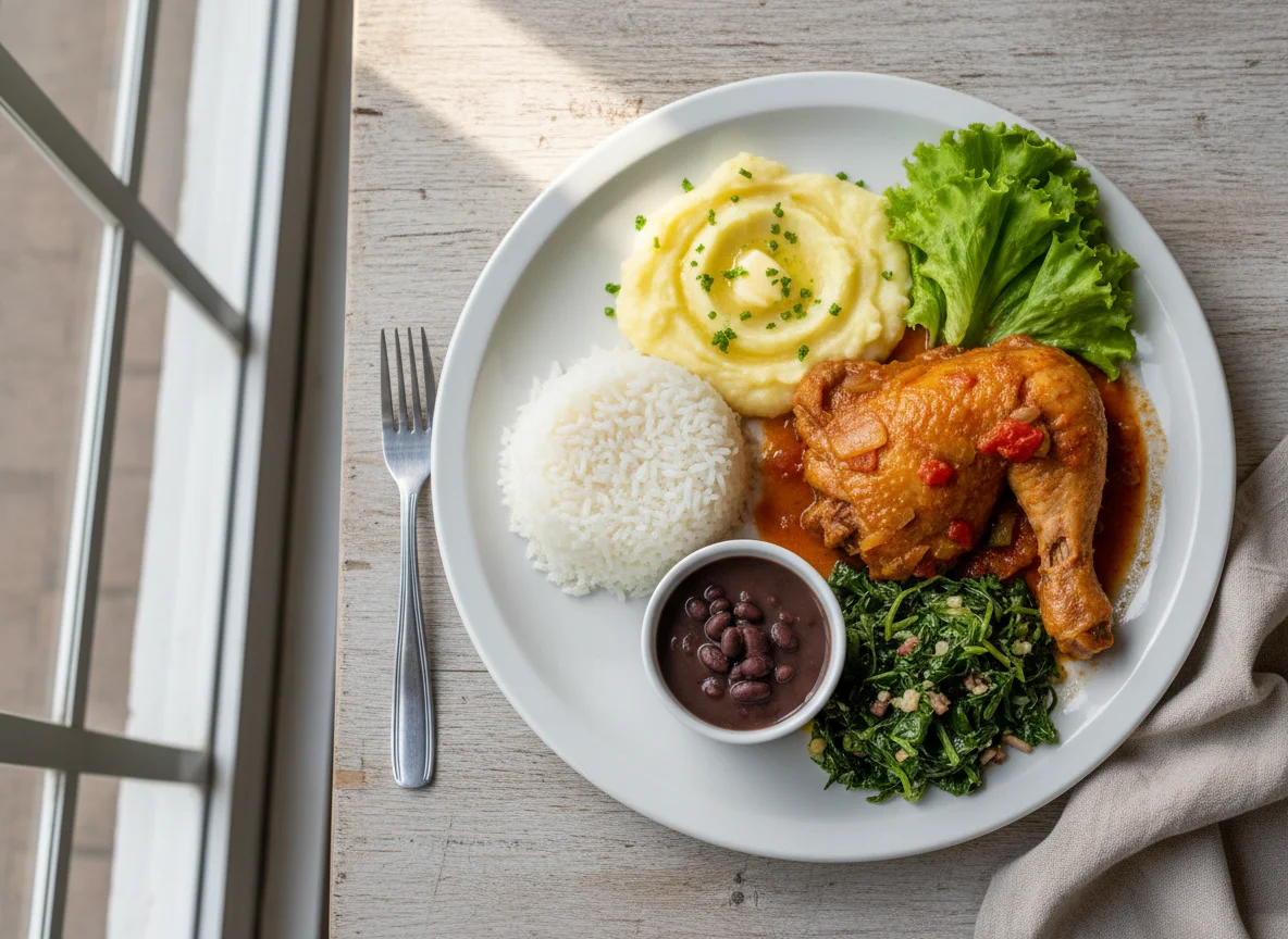 Prato caseiro com frango e acompanhamentos photo