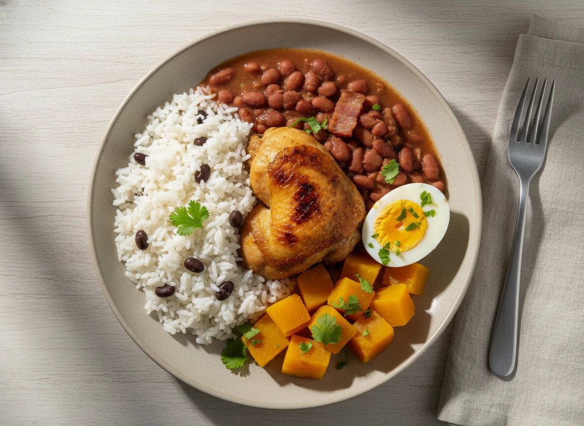 Prato caseiro com frango, ovos e feijão photo