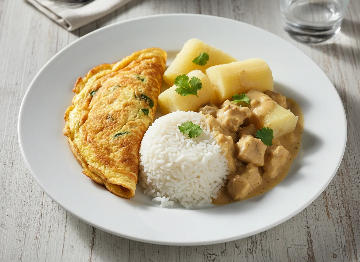 Prato caseiro com omelete, arroz e mandioca photo