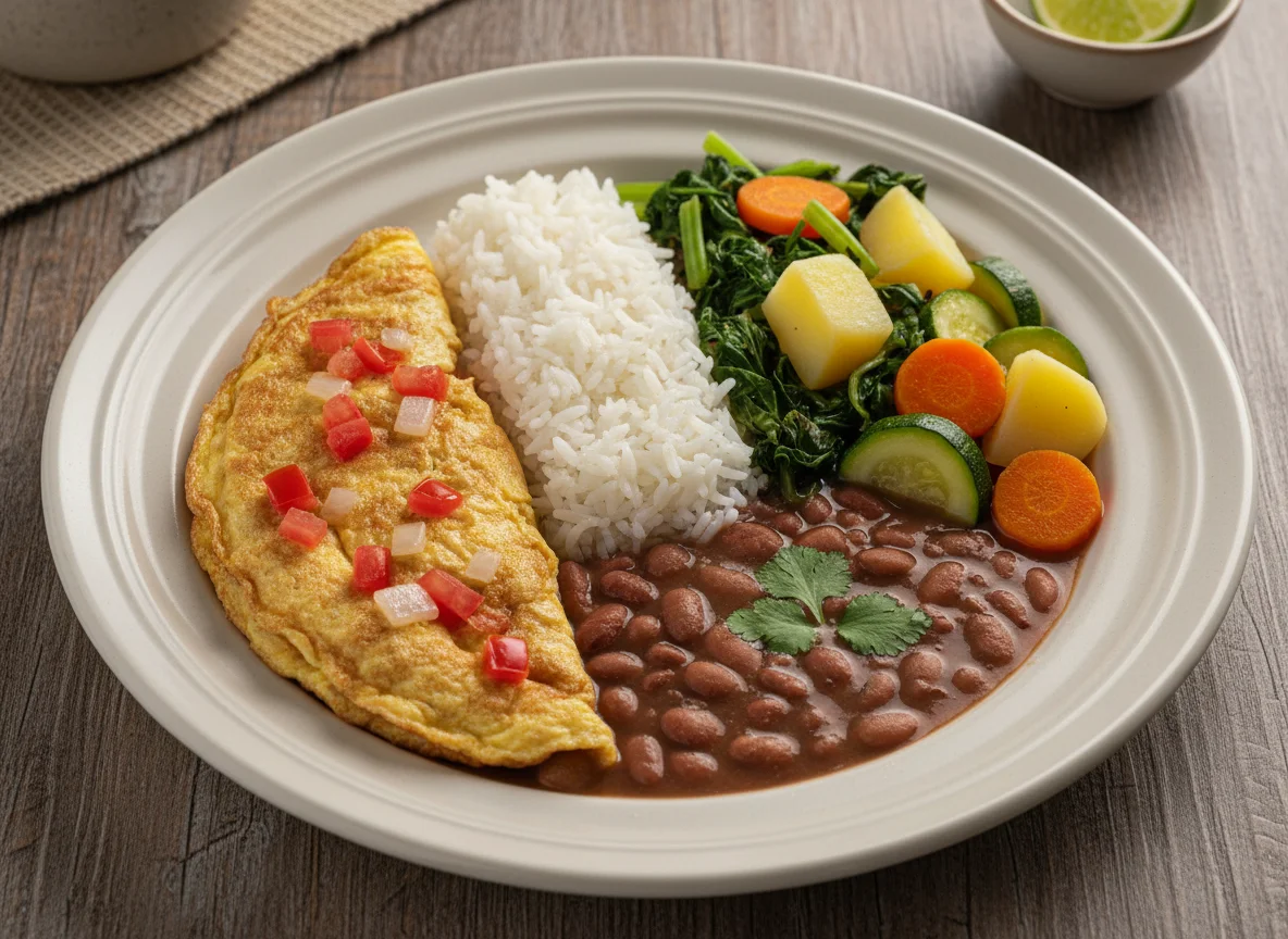 Prato caseiro com omelete, arroz, feijão e vegetais photo