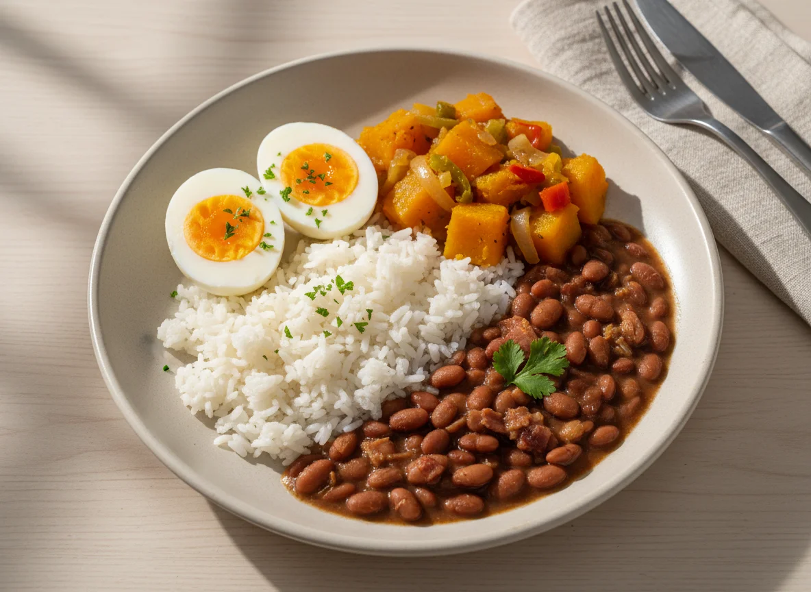 Prato caseiro com ovos, abóbora, arroz e feijão photo