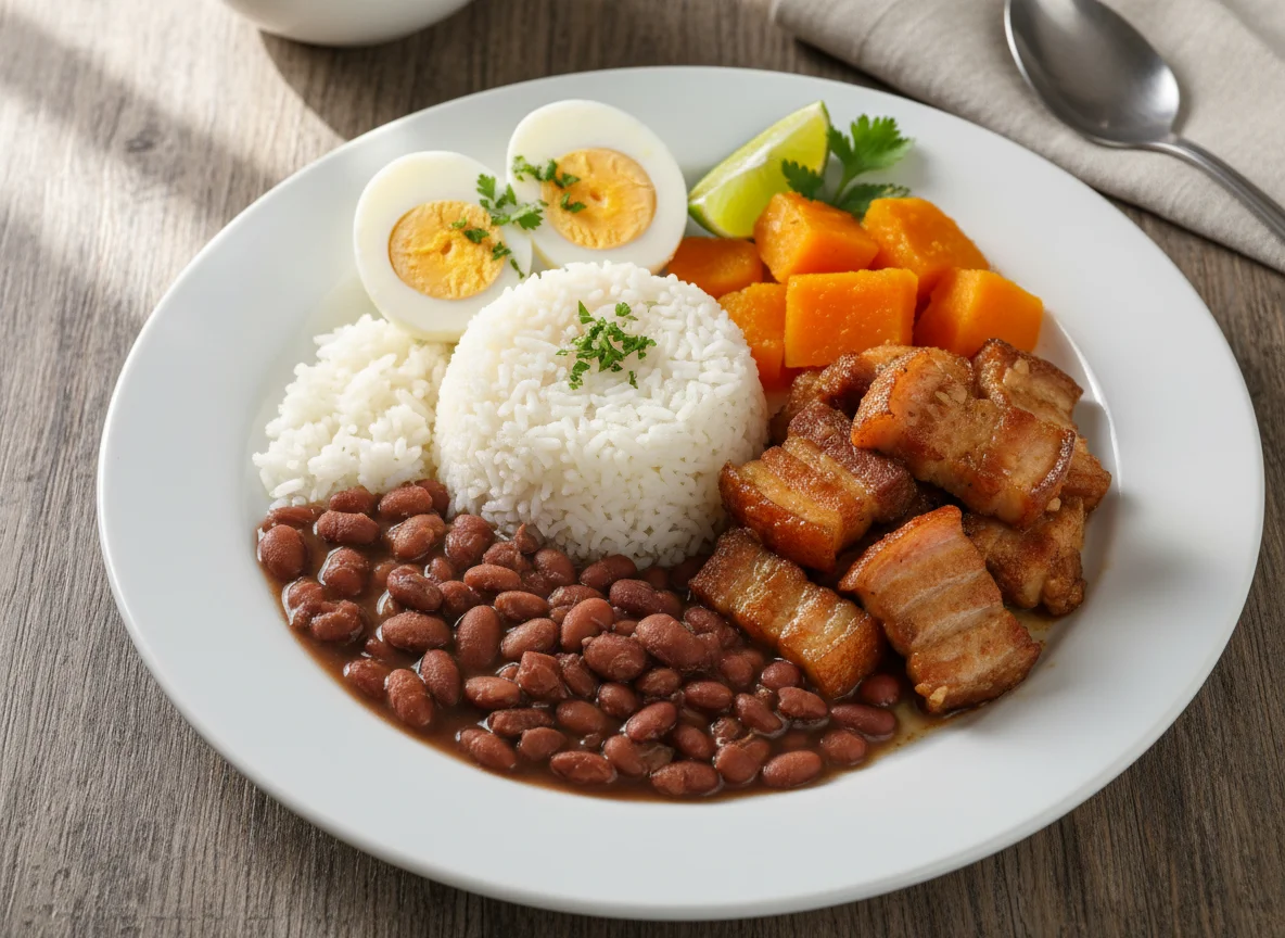 Prato caseiro com ovos, arroz, feijão, abóbora e carne photo