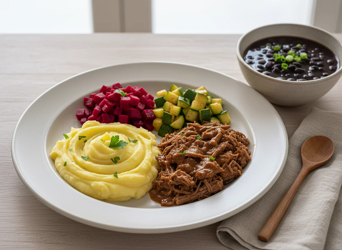 Prato caseiro com purê, carne desfiada e legumes photo