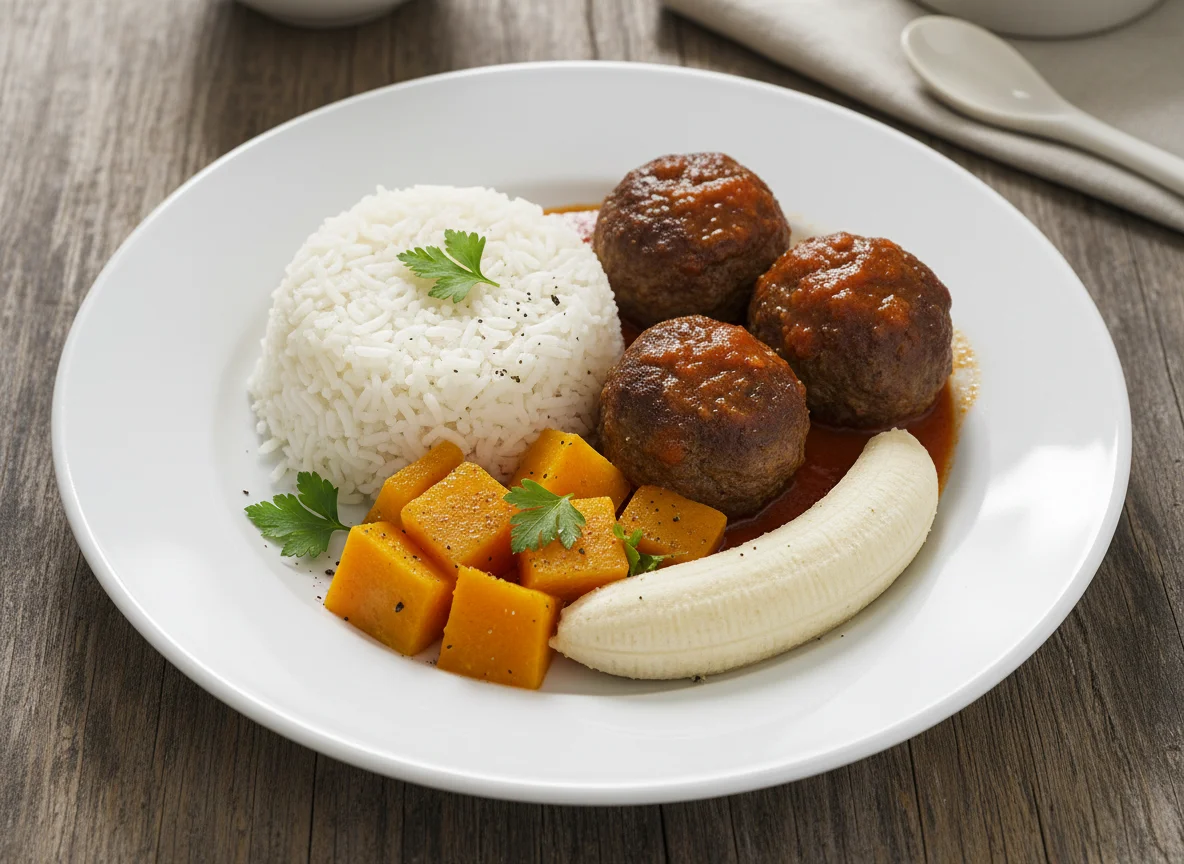Prato com almôndegas, arroz, abóbora e banana photo