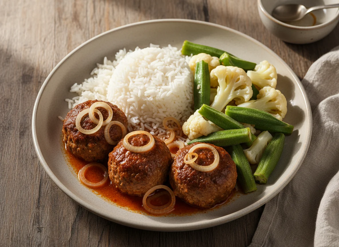 Prato com almôndegas, arroz e vegetais photo