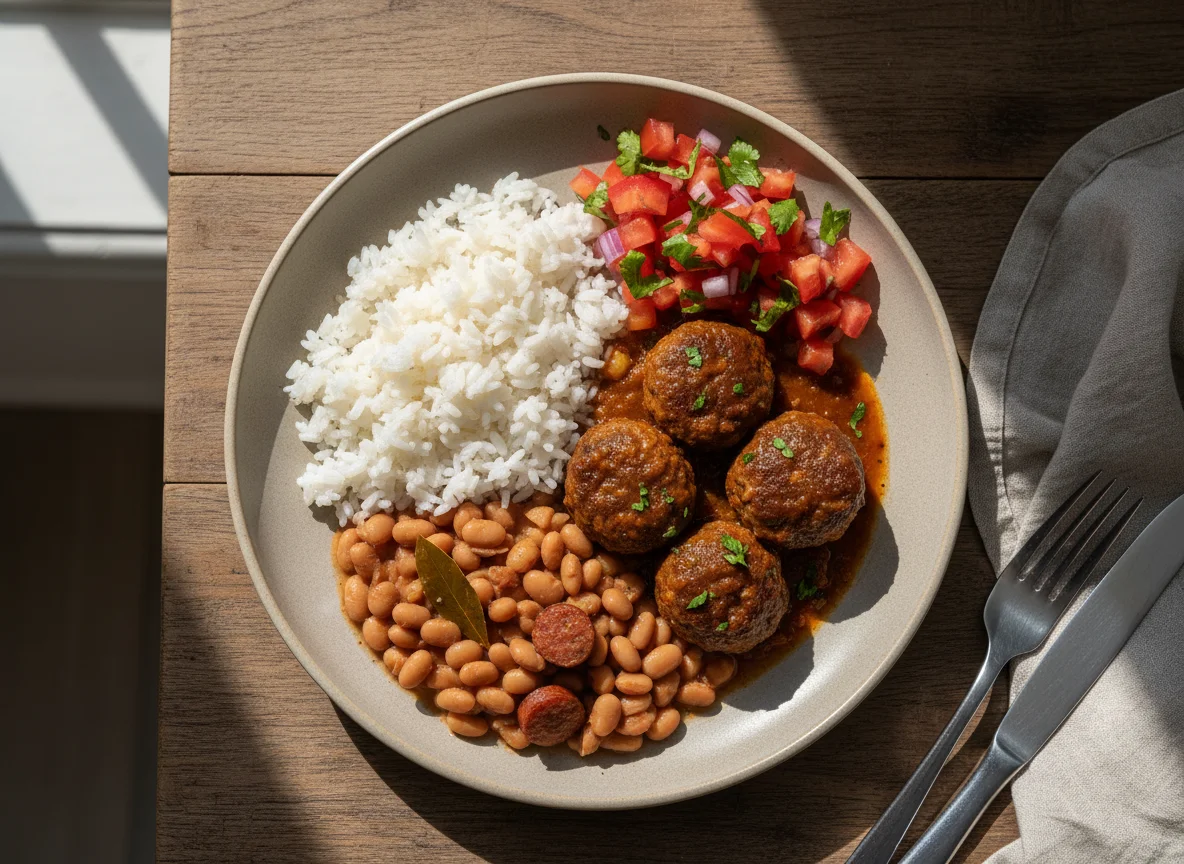 Prato com almôndegas, arroz, feijão e salada de tomate photo