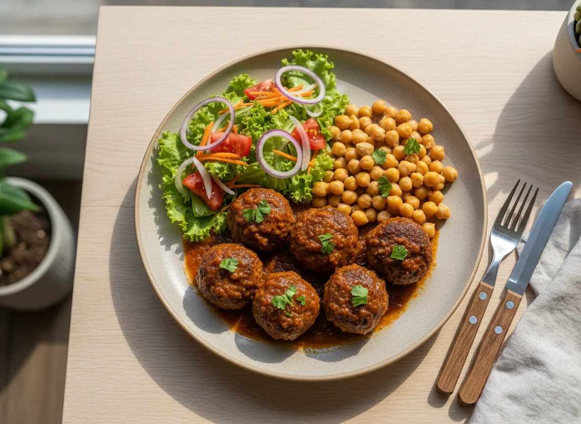 Prato com almôndegas, salada e grão de bico photo