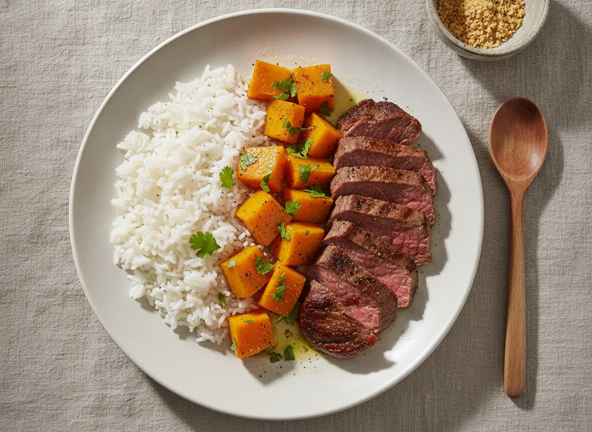 Prato com arroz, abóbora e carne photo