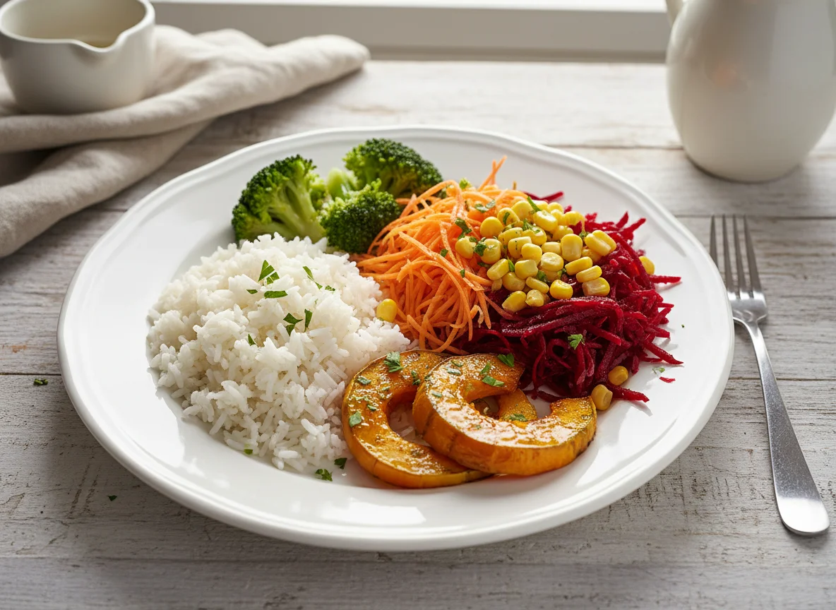 Prato com arroz, abóbora e salada photo