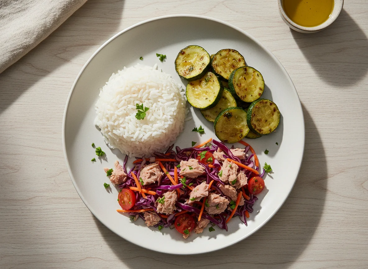 Prato com arroz, abobrinha refogada e salada de repolho com atum photo