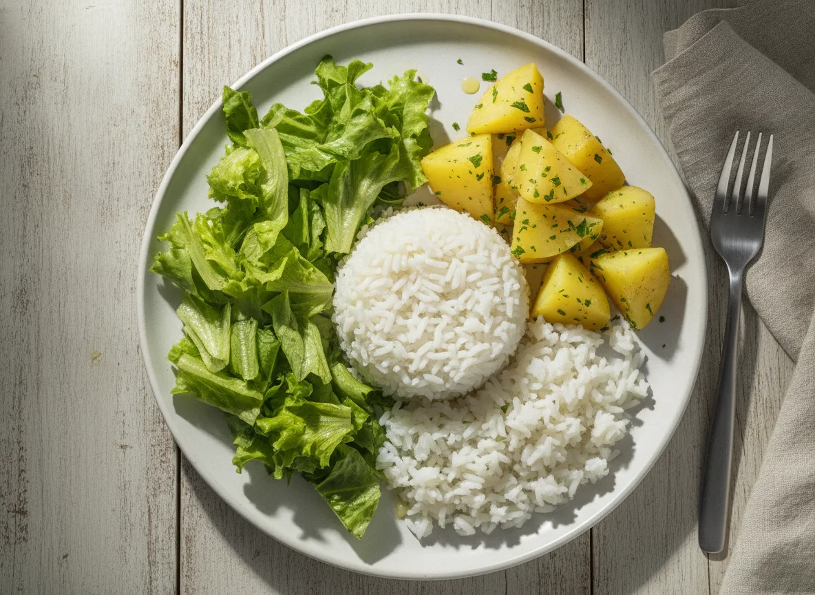Prato com arroz, alface e batata photo