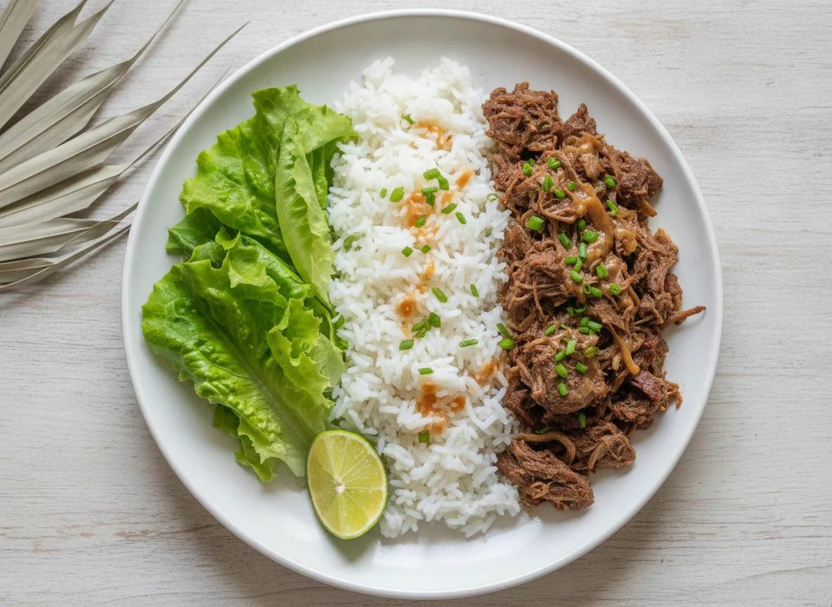 Prato com arroz, alface e carne desfiada photo