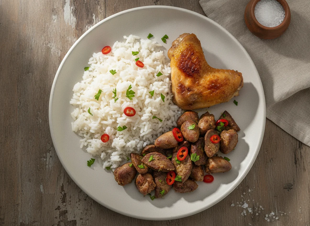 Prato com arroz, asa de frango e miúdos photo