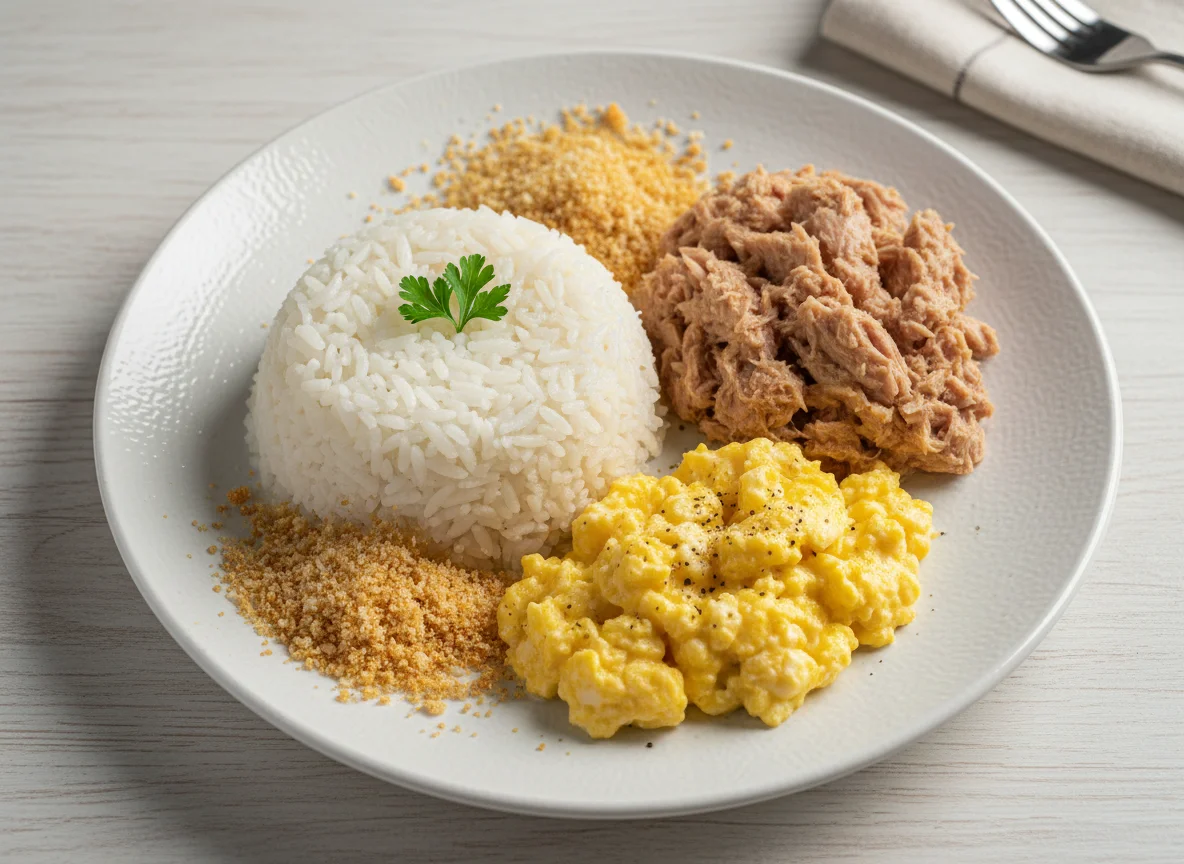 Prato com arroz, atum e ovos mexidos photo