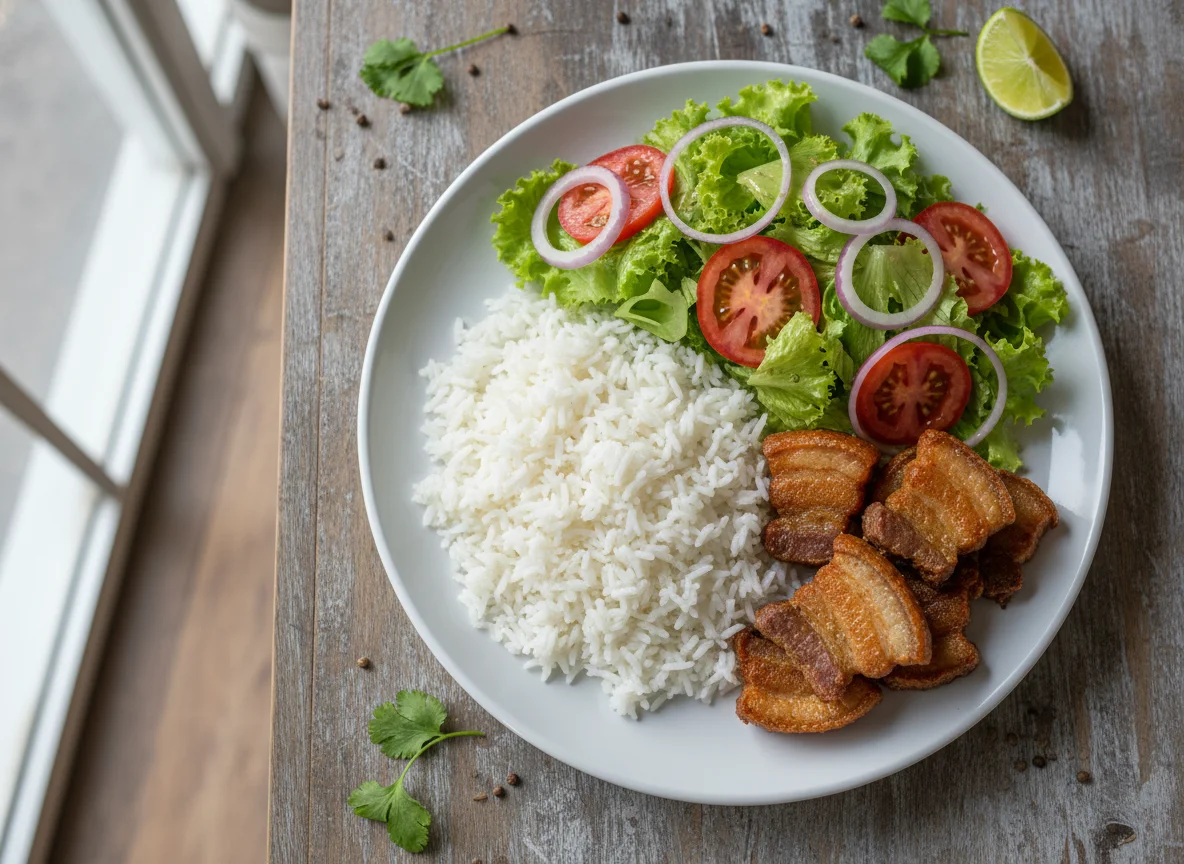 Prato com Arroz, Barriga de Porco e Salada photo