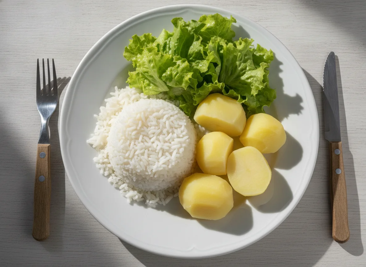 Prato com arroz, batata e alface photo