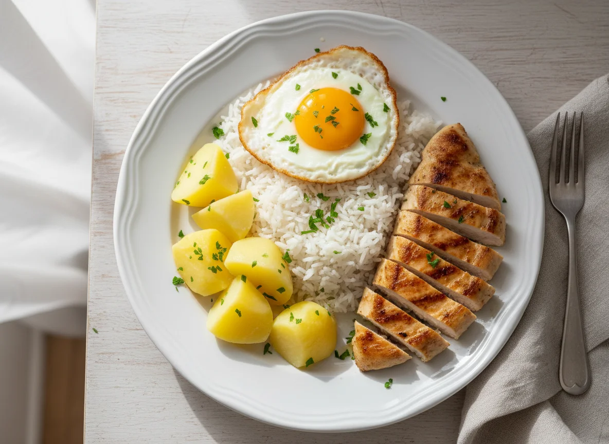 Prato com arroz, batata e frango photo
