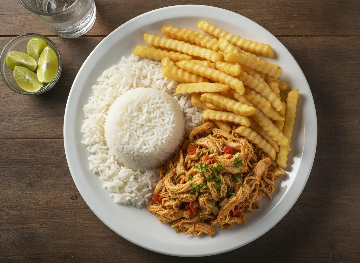 Prato com arroz, batata frita e frango photo