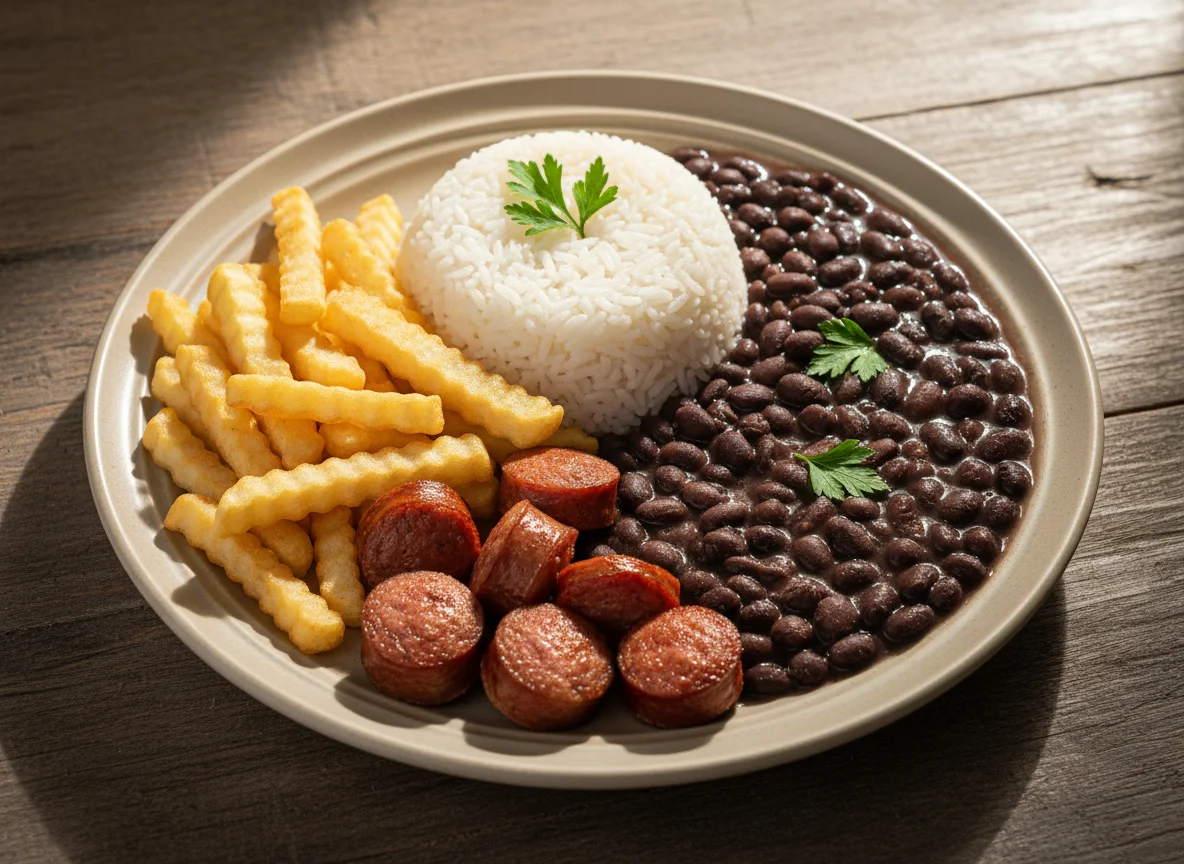 Prato com Arroz, Batata Frita, Linguiça e Feijão photo