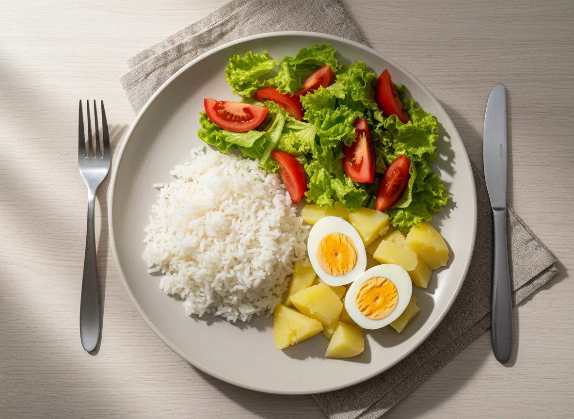 Prato com arroz, batata, salada e ovos cozidos photo