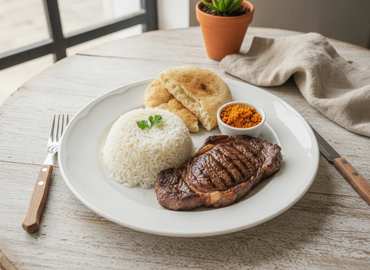 Prato com arroz, bife e pão photo