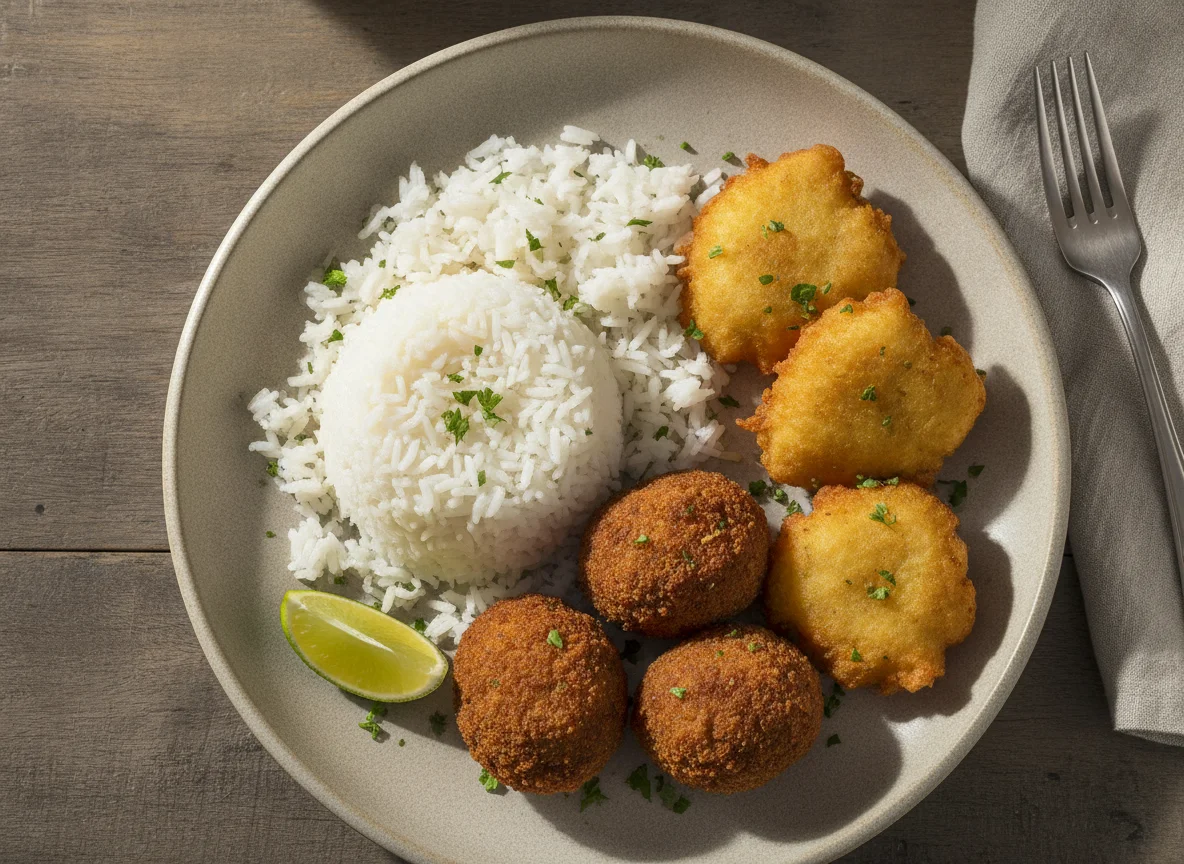 Prato com arroz, bolinhos de carne e bolinho de bacalhau photo