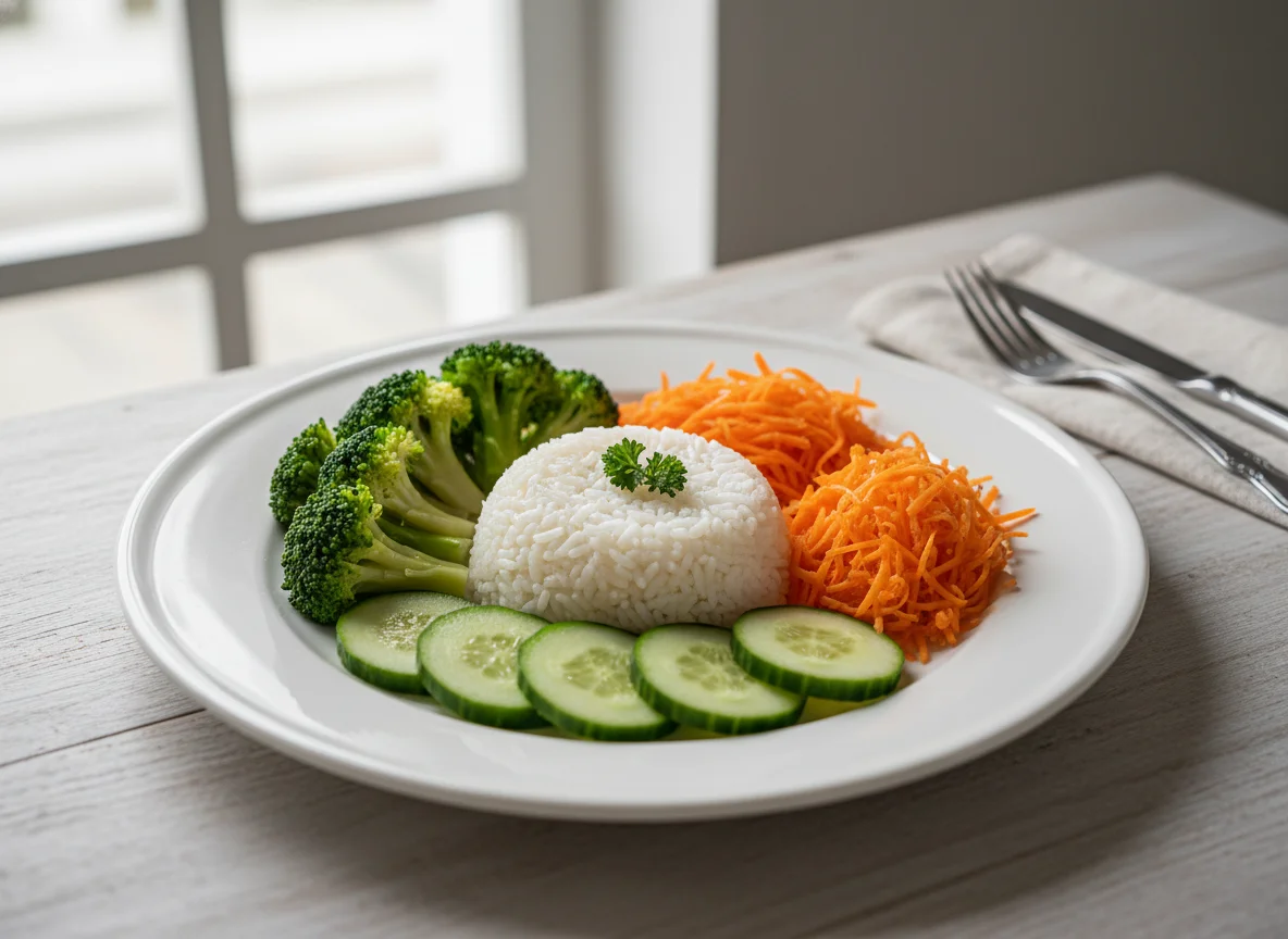 Prato com arroz, brócolis, cenoura e pepino photo