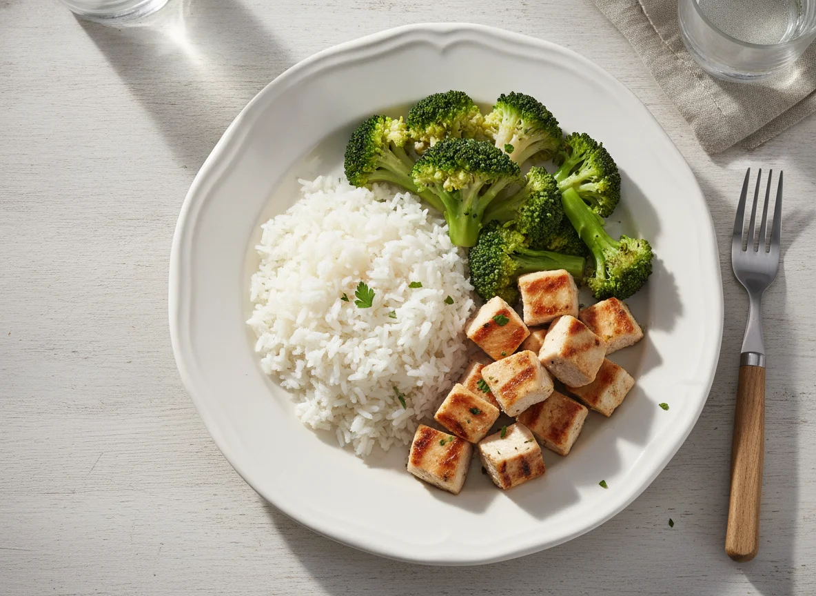 Prato com arroz, brócolis e frango photo