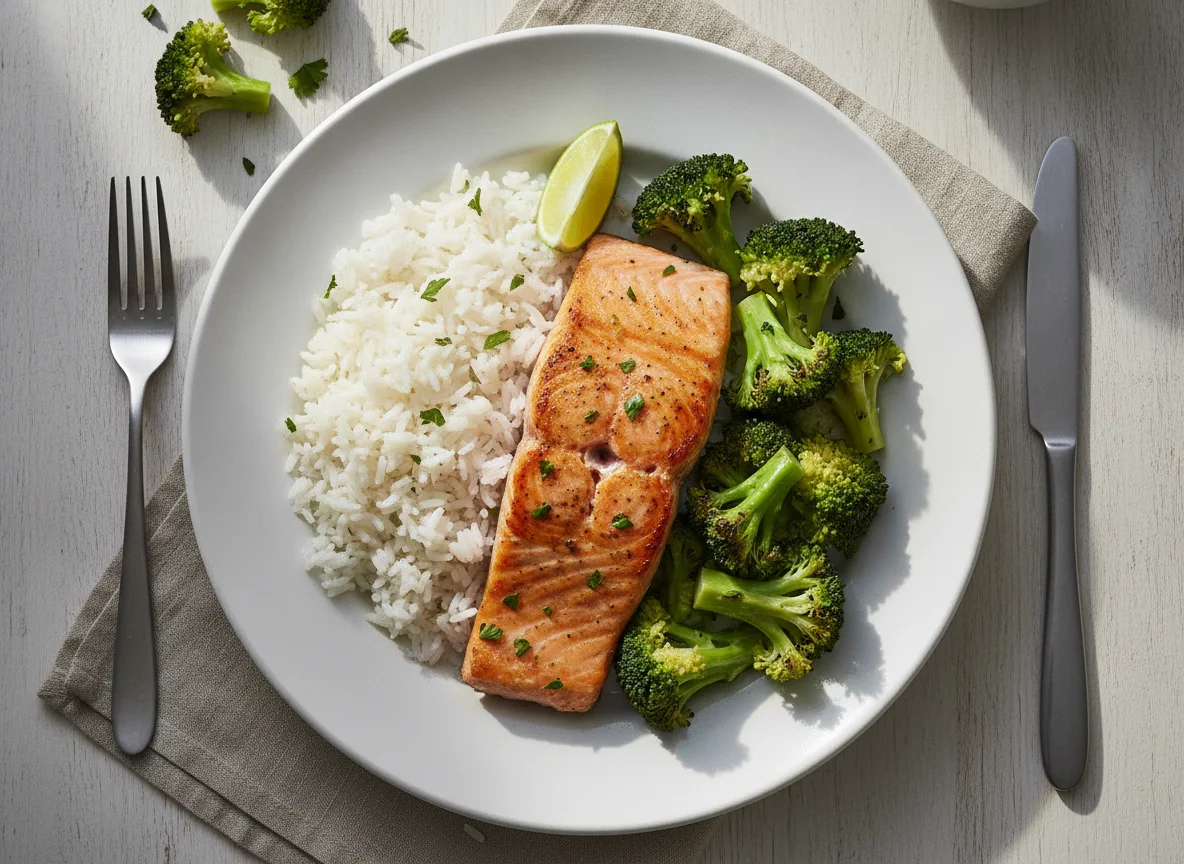 Prato com arroz, brócolis e peixe grelhado photo