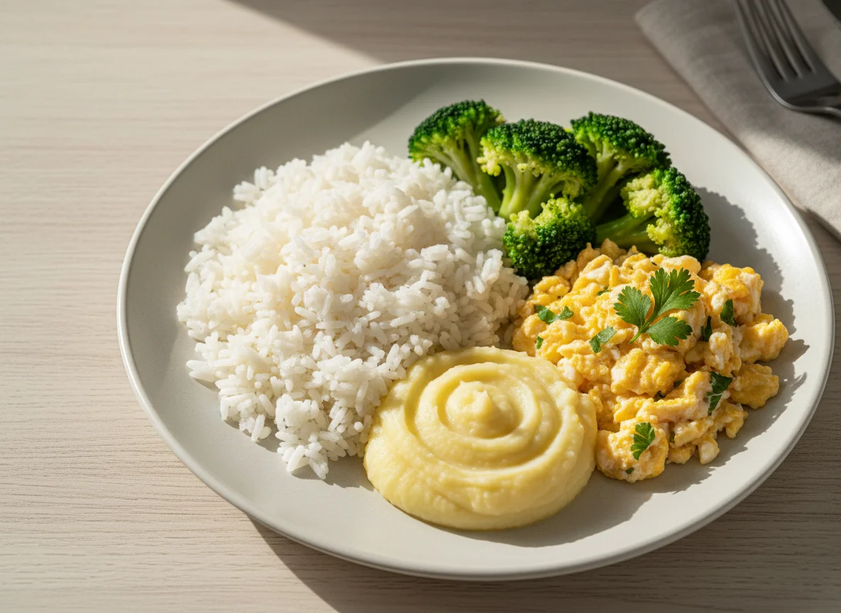 Prato com arroz, brócolis, purê e ovos mexidos photo