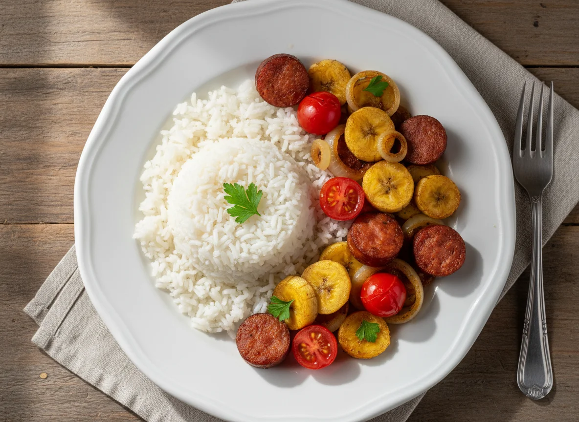 Prato com arroz, calabresa, tomate e banana photo