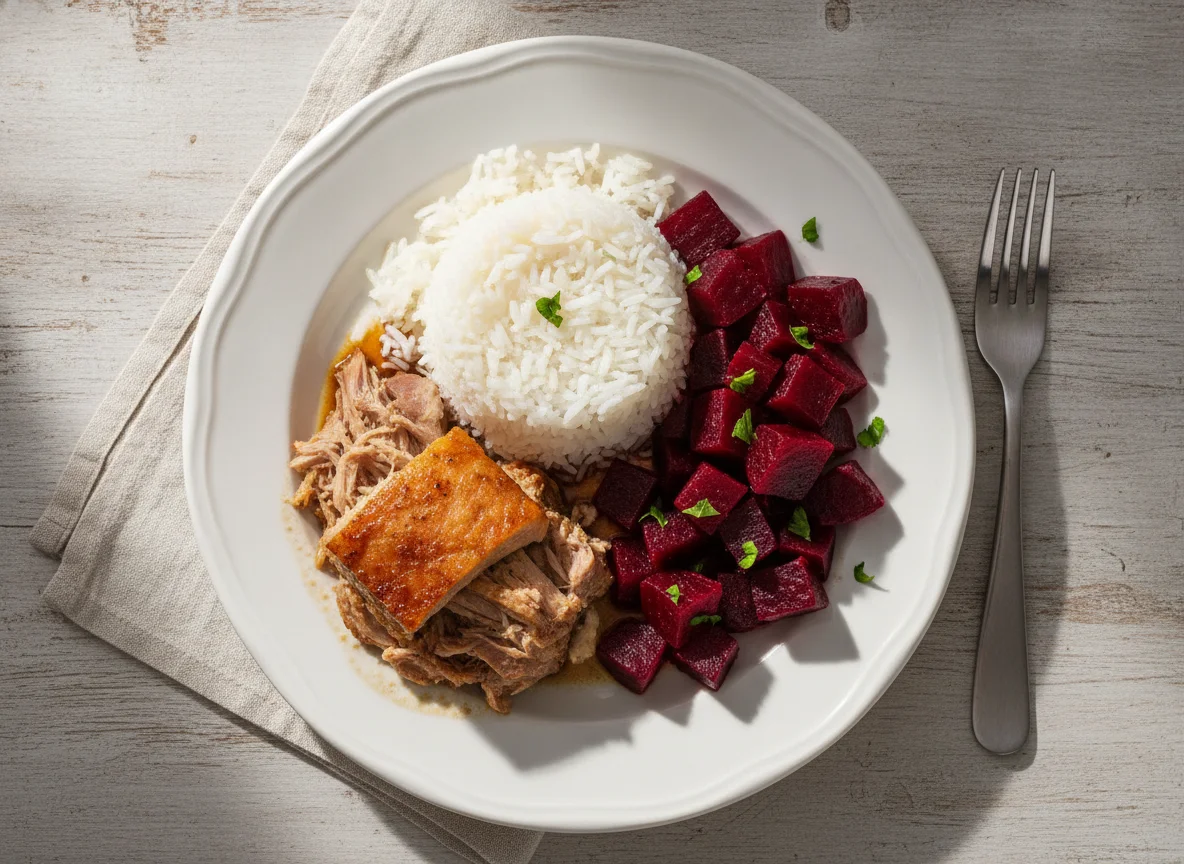 Prato com arroz, carne de porco e beterraba photo