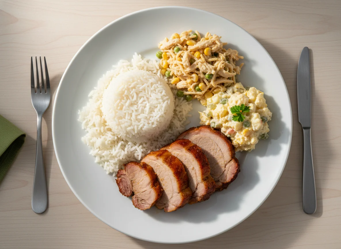 Prato com arroz, carne de porco, salpicão e salada de maionese photo