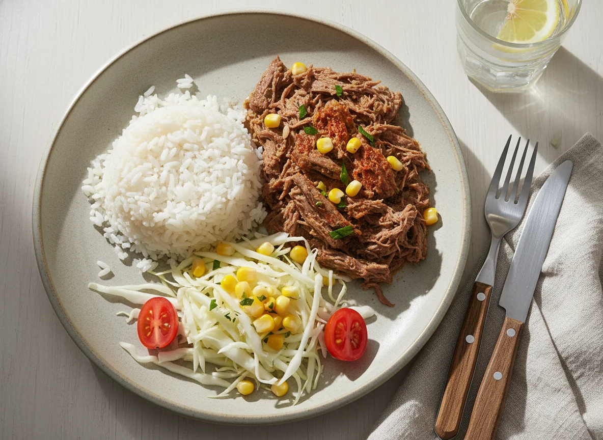 Prato com arroz, carne desfiada e salada de repolho photo
