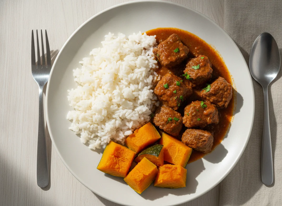 Prato com arroz, carne e abóbora photo