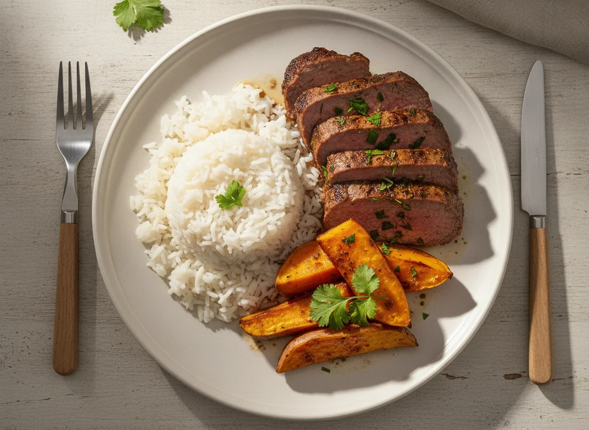 Prato com arroz, carne e batata doce photo