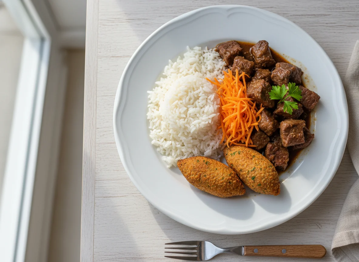 Prato com arroz, carne e cenoura photo
