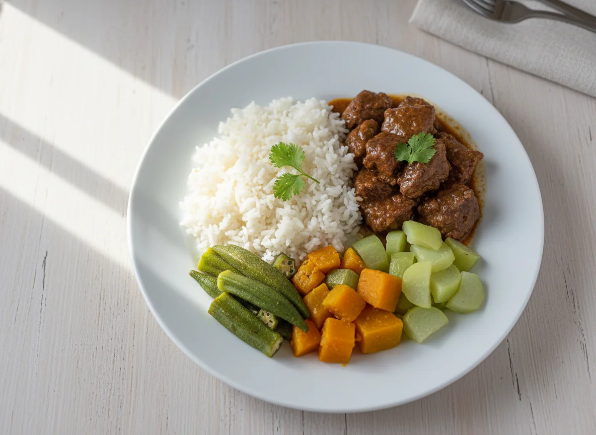 Prato com arroz, carne e legumes photo