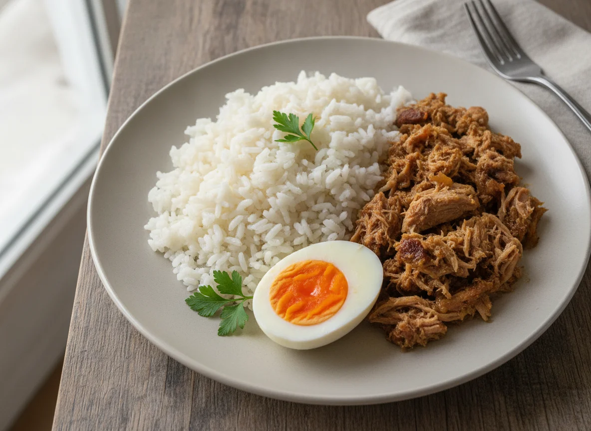 Prato com arroz, carne e ovo cozido photo