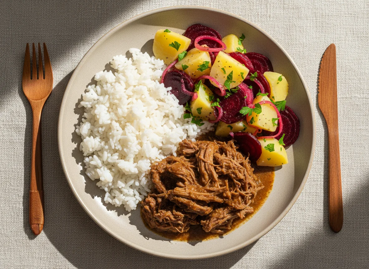 Prato com arroz, carne e salada photo