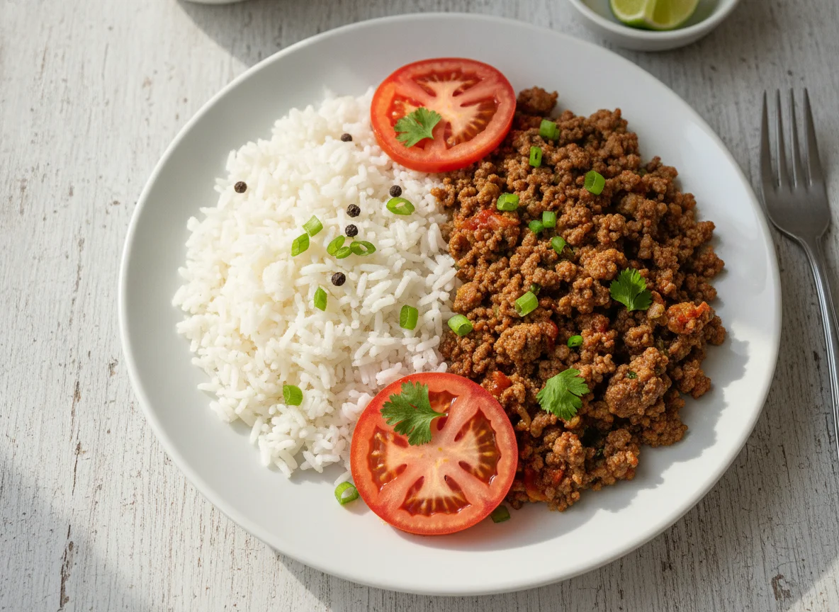 Prato com arroz, carne e tomate photo