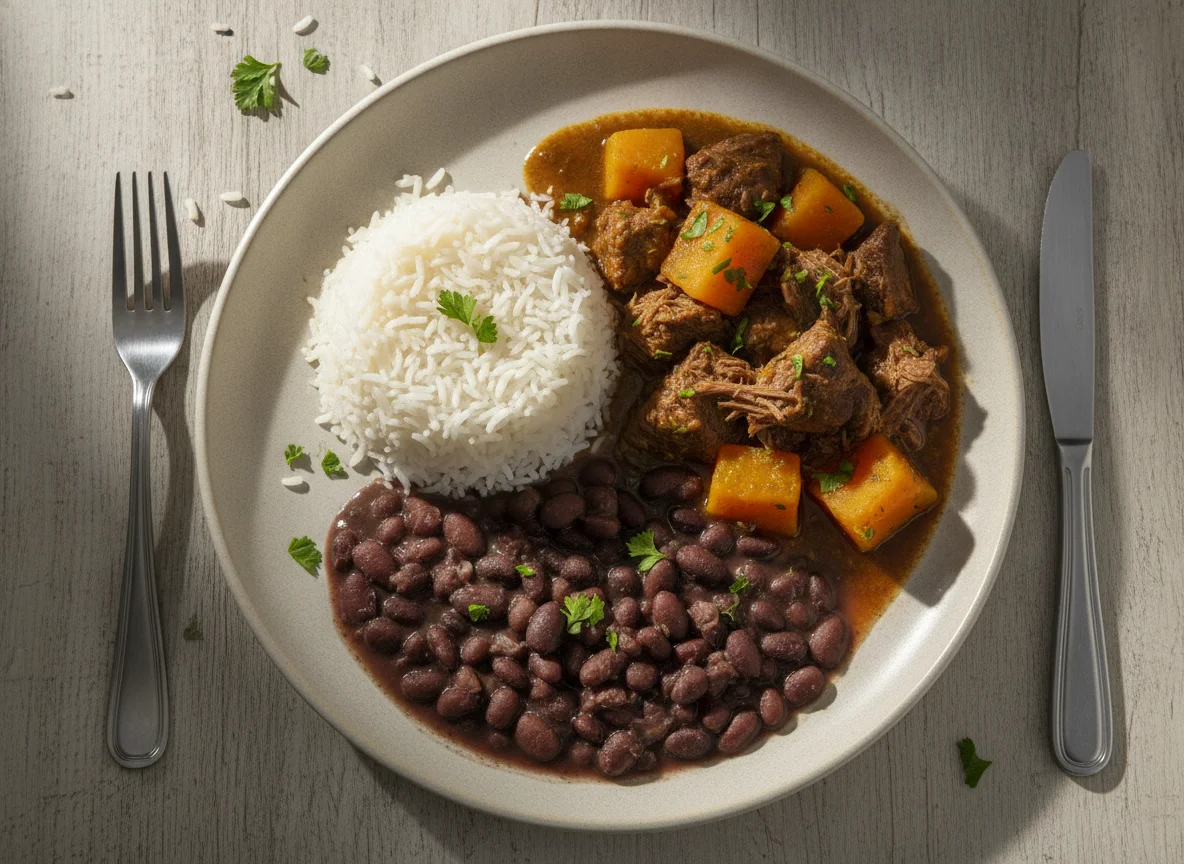 Prato com arroz, carne ensopada e feijão photo